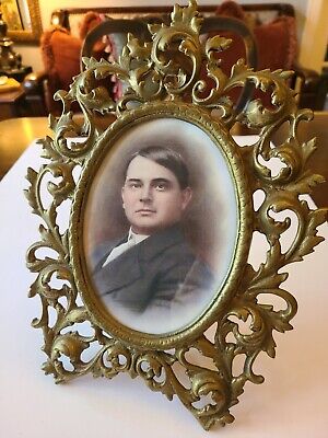 Antique Victorian Ornate Brass Picture Frame~Easel Back 12”x 9.5”for 5"x7" Photo