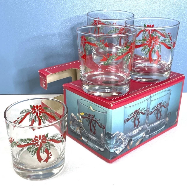 Anchor Hocking Poinsettia & Ribbons 4 Piece Glass Set 9oz Rocks Glasses Tumblers