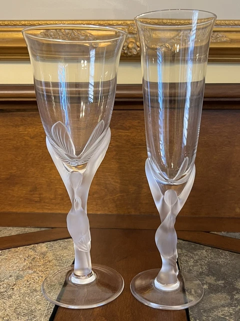 2 Vintage Igor Carl Faberge Kissing Doves Water Goblet & Champagne Flute France