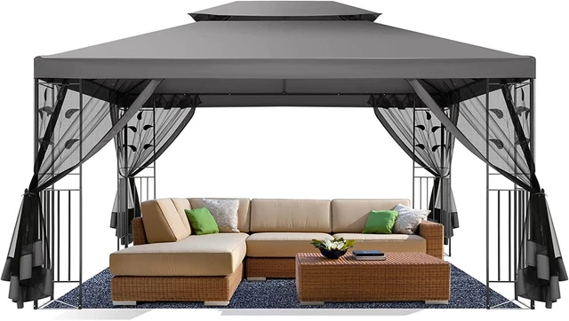3x3m/3x4m Metall Pavillon Doppeldach Wasserdicht Gartenpavillon Moskitonetz Zelt