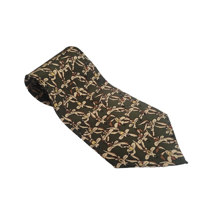 VINTAGE 1995 WARNER Bros. 100% Silk Wile E. Coyote Green Necktie Tie