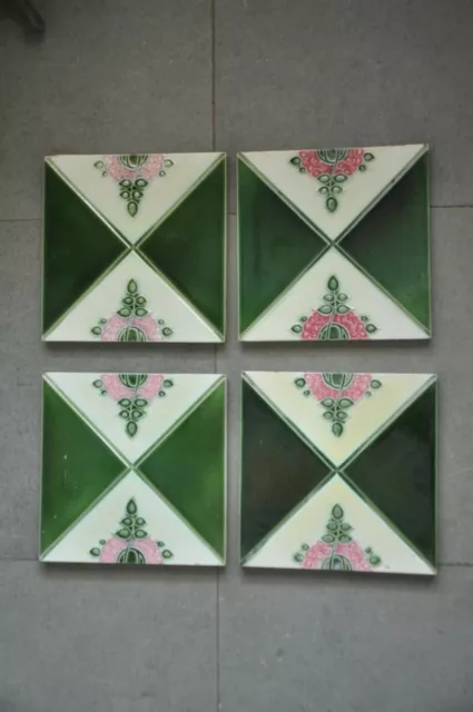 4 Pc Vintage Majolica H&R Floral Decorative Art Ceramic Tiles , Japan 4