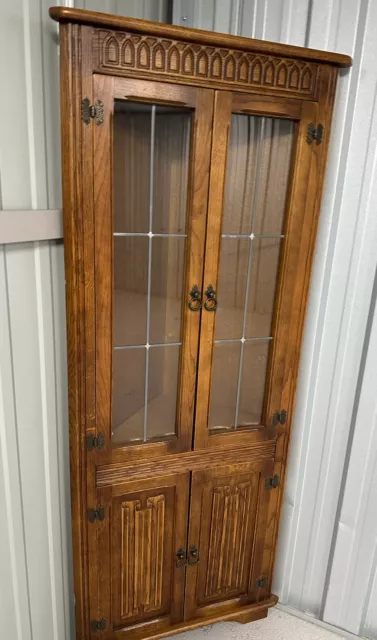 Old charm / Priory style Oak Corner display cabinet W Engraving , Leaded Glass