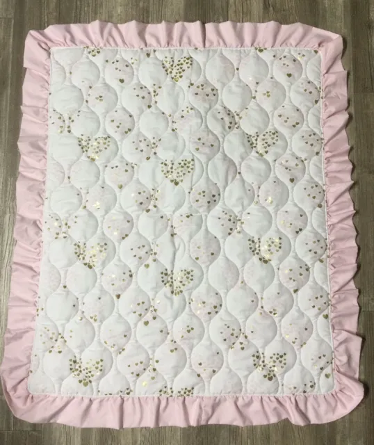 Wendy Bellissimo Plush Quilted Pink White Gold Hearts Baby Blanket Ruffle EUC A3