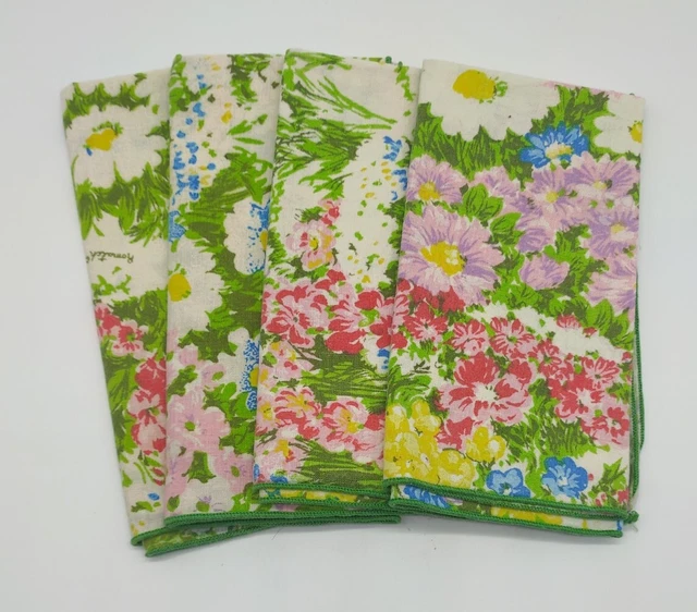 "Juego de 4 servilletas florales vintage años 70 marca ROMATCH borde verde 15,5""x 15,5"