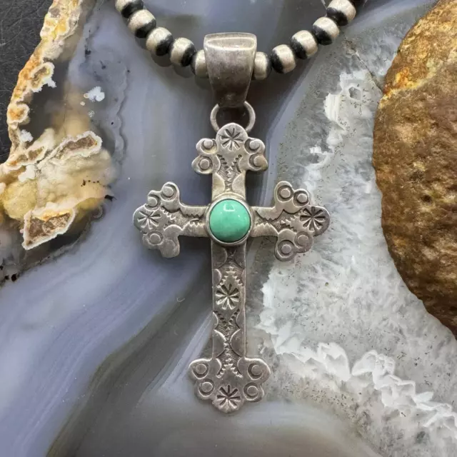 VINTAGE NATIVE AMERICAN Sterling Round Turquoise Decorated Unisex Cross ...