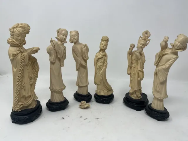 6 x Geisha Ivory Okimono Japan Asiatika  Set Vintage Figur Schnitzerei Skulptur