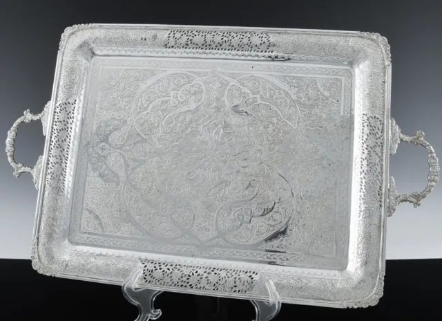 Incredible Large Persian Ottoman 840 Solid Silver Handled Serving Platter Tray