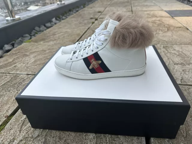 Gucci Ace White Leather Fur Sneakers Size US 8 IT 41.5 497367 OFI50 9069