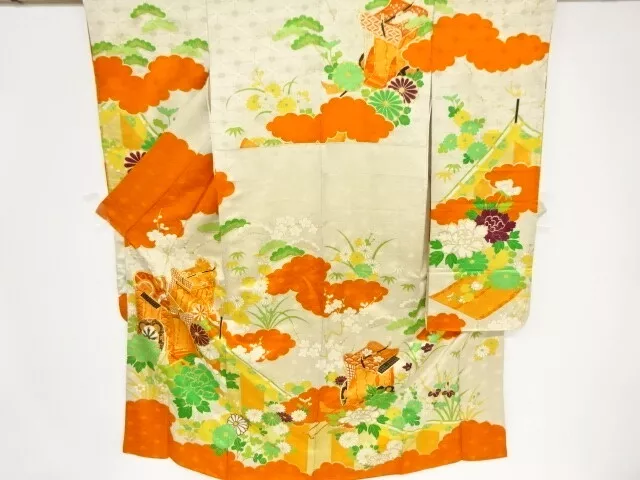 80253# Japanese Kimono / Antique Furisode / Embroidery / Carriage & Floral P