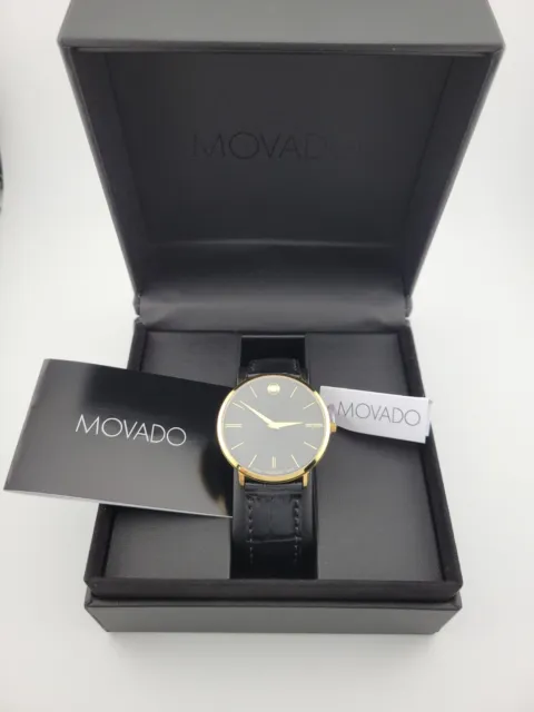 Movado Men's Ultra Slim Gold Dial Black Dial Watch - 0607173 ($795 MSRP)