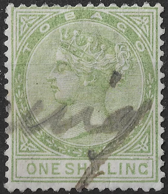 Tobago 1884 Revenue stamp Bft 11 | 1/- green, wmk Crown CA | Used w/ pen cancel