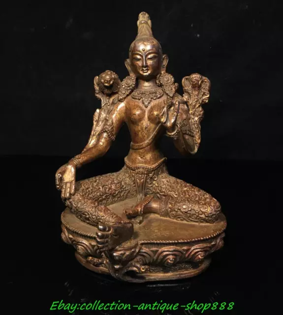 Old Tibet Buddhism Bronze Gilt Green Tara Kwan-yin GuanYin goddess Buddha statue