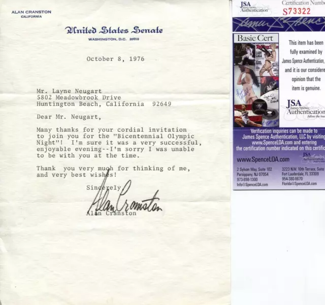 Alan Cranston Signed Letter U.s. California Senator Autograph Jsa Coa