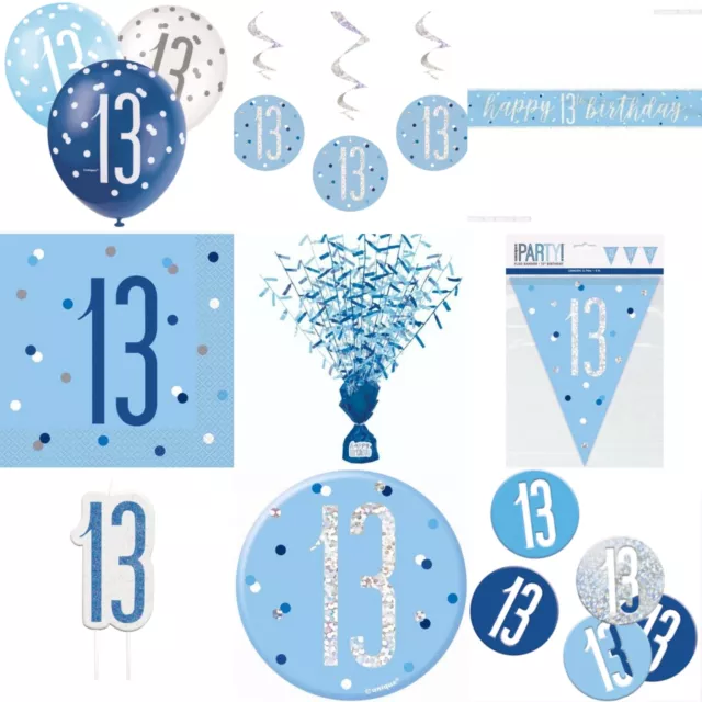 13th Glitz Blue Happy Birthday,Banner,Bunting,Balloon,Confetti,Badge,Napkin