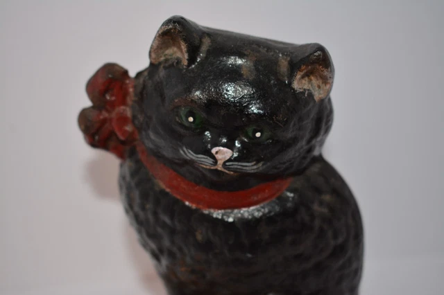 Antique Cast Iron Black Cat on Pillow Red Bow Doorstop Door Stop 2
