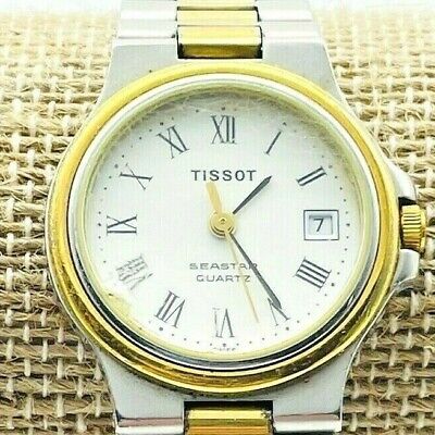 Vintage Tissot Seastar Quartz Watch Womens Gold Silver Tone White Face Date