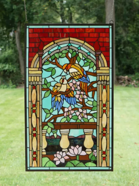 Large Handcrafted stained glass window panel Love Bird Two Parrot 20.75" x 35"