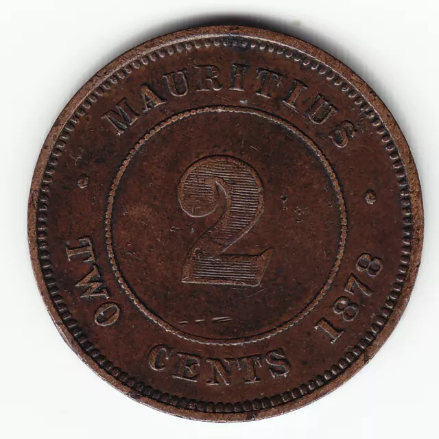 MAURITIUS 2 cents 1878 KM8 Br Victoria KEY date HIGH GRADE minted 130,000 RARE !