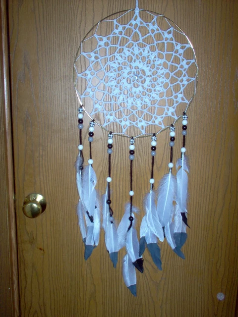 Hand crafted crochet dream catcher, white, black, gray, plaid beads. Large   a
