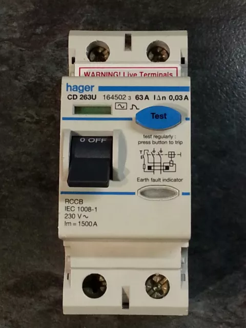 Hager Cd263U, 63 Amp, 30Ma, Double Pole Rcd/Rccb *Very Good Condition*
