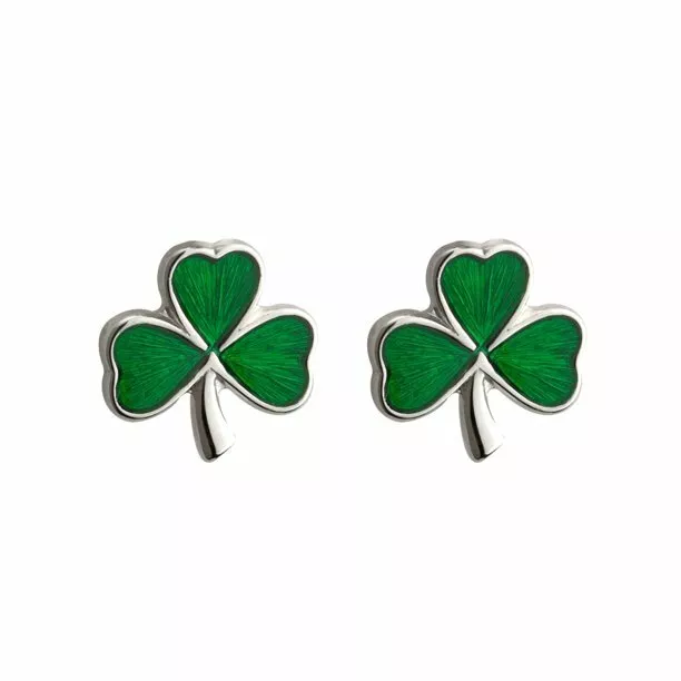 Solvar Women's Sterling Silver Small Enamel Shamrock Stud Earrings Irish Charm