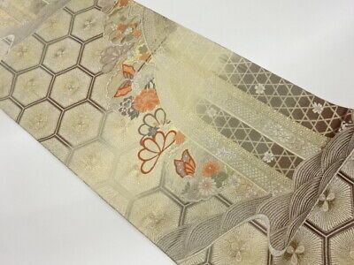 6257247: Japanese Kimono / Vintage Fukuro Obi / Woven Butterfly & Pine With Snow