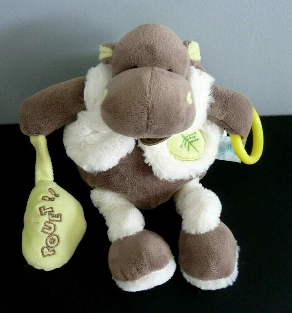 *. Doudou Boule Baby Nat  Hippopotame Bazile Taupe Gilet Blanc Pouet Vert Neuf*