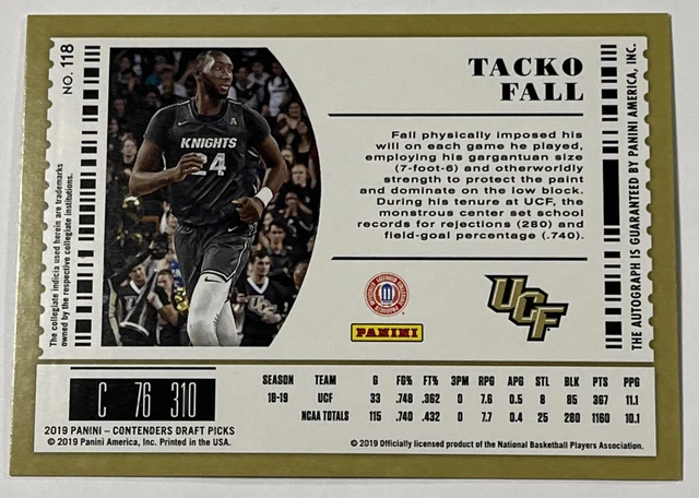 2019-20 Panini Contenders Draft Tacko Fall Auto Autograph Rookie RC #04/10 2
