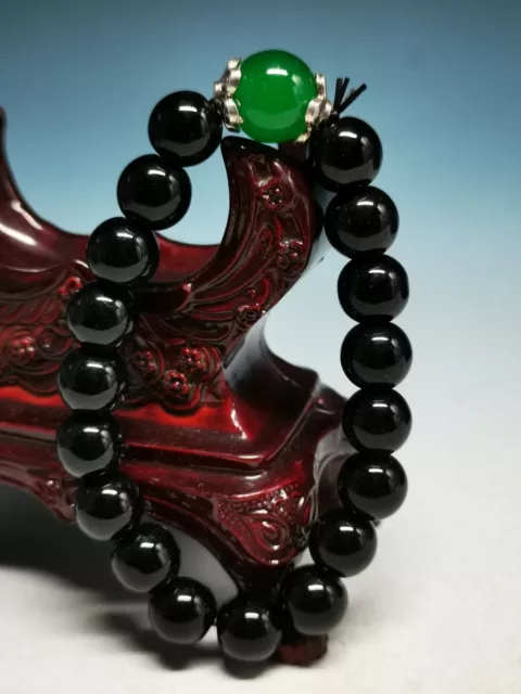Beautiful Chinese Black Agate/ Green Jade Hand Polish Beads Bracelet B04