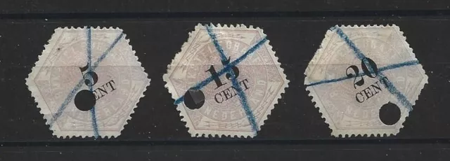 PAYS-BAS -  série de 3 timbres de télégraphe oblitérés et perforés de  1877