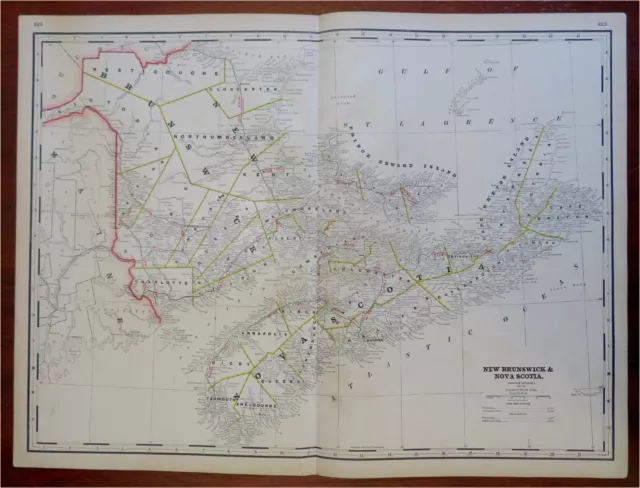 New Brunswick & Nova Scotia Maritimes Canada 1885 Cram scarce large detailed map