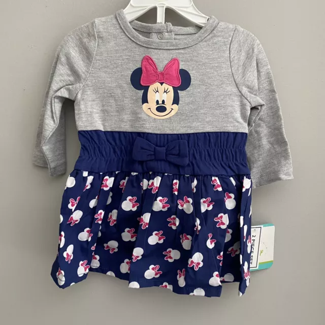Disney Baby Minnie Mouse 2 Piece Outfit 0-3 months Heather Gray Navy Blue Pink