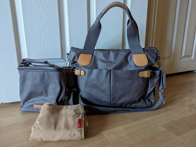 Storksak Changing Bag- Baby Bag - Grey/Tan with Bottle Holder & Mat