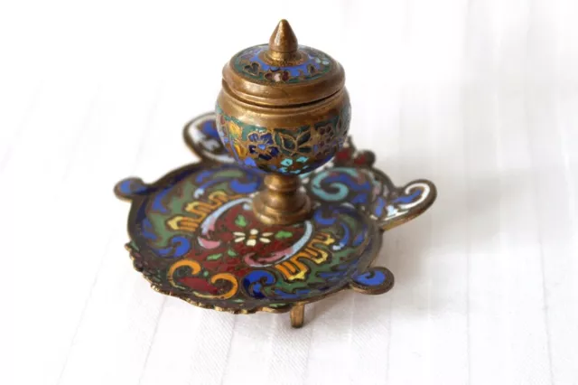 Antique French Champleve Enamel Inkwell on Bronze, Napoleon III end 19th century