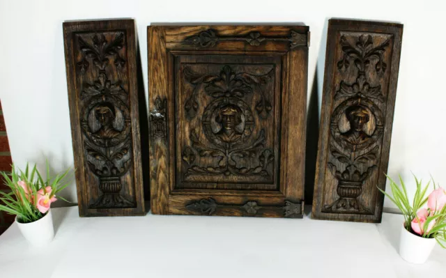 Set 3 woód carved portrait head panels cabinet