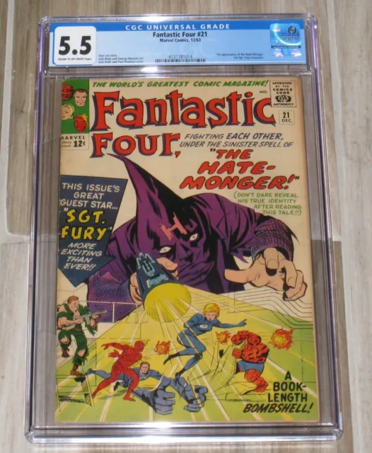 Fantastic Four #21 | Marvel 1963 | CGC 5.5 CR/OW Pages 1st Hate-Monger