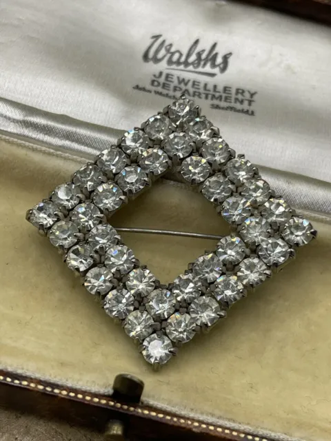 Vintage Rhinestone Brooch Sparkly Diamond Shaped Ribbon Pin Clear Silver Tone