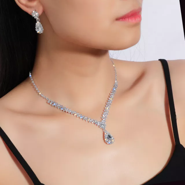 Fashion Wedding Bridal Crystal Rhinestone Women Necklace Earrings Jewelry Set