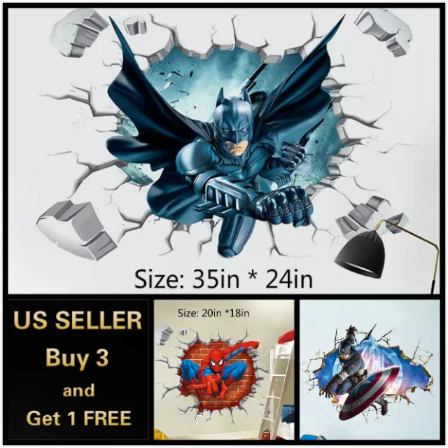 US 3D Wall stickers Superhero Kids Cartoon Room Decal Wallpaper Removable