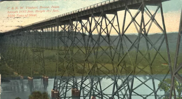 C & NW Viaduct Boone Iowa Double Track 5600 Tons Steel RR Bridge 1914 Postcard