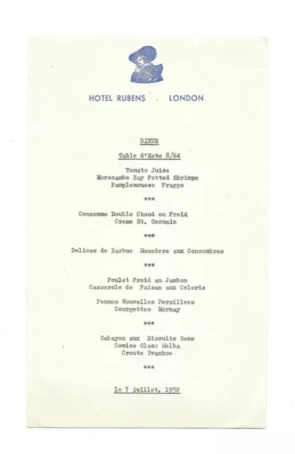 Vintage Restaurant Menu HOTEL RUBENS LONDON 1952