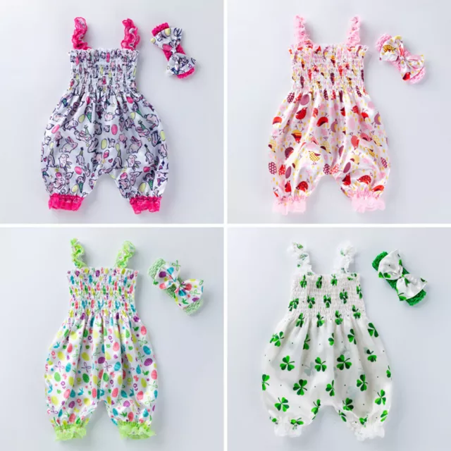 Newborn Infant Baby Girl St Patrick Day Easter Bloomers Headband Outfit Jumpsuit