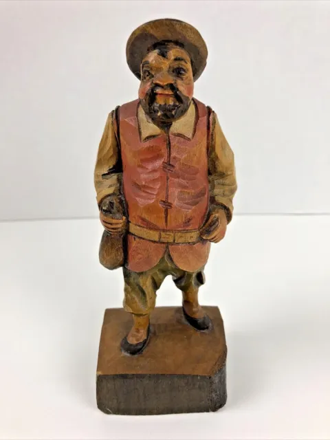 Vintage Hand Carved Detailed Wooden Man  Approx. 6.5” Tall Unmarked Folk Art