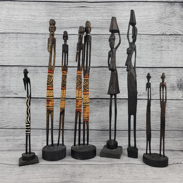 LOT EBONY WOOD Carved African Tribal Statue Figure Family Woman Spear ...