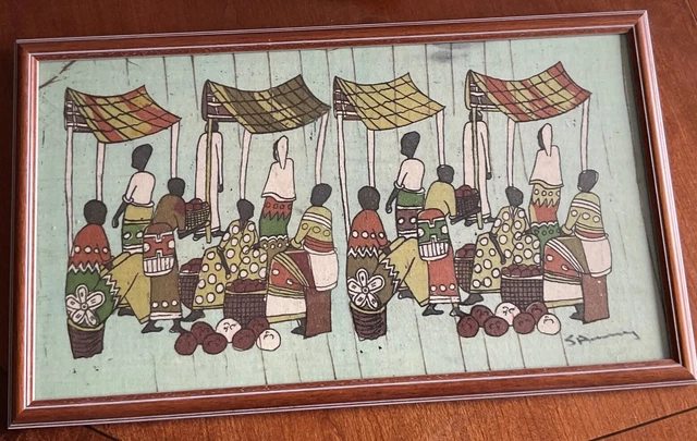 Afrikanisches Batikbild: signiert, auf Baumwolle: gerahmt/glasiert: c49x29cm.