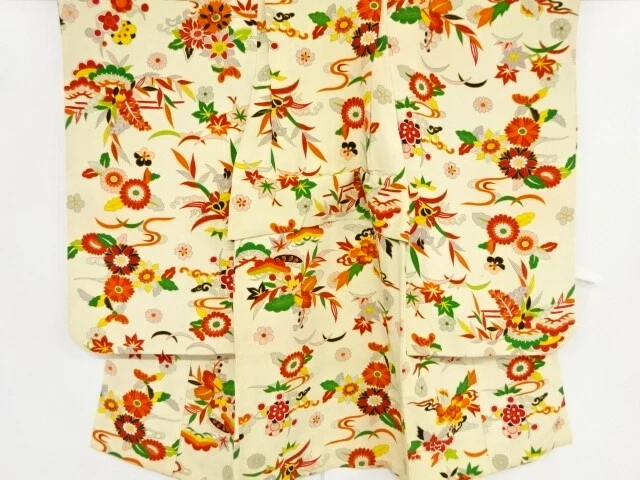 80581# Japanese Kimono / Antique Kimono For Girls / Stream With Floral Plants