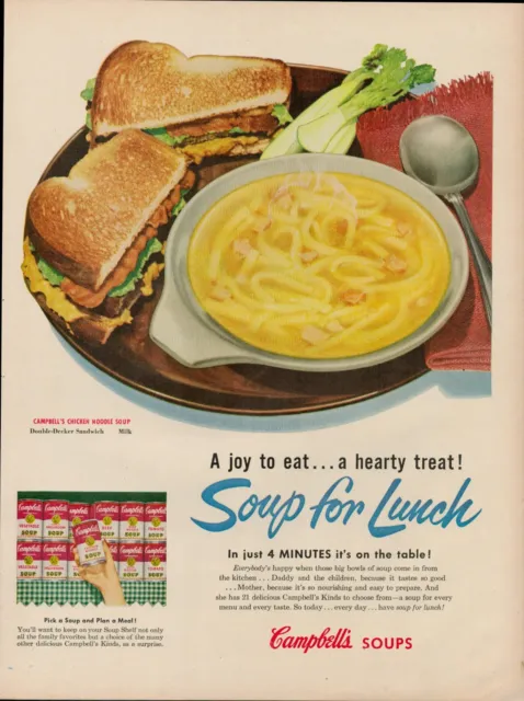 1954 Campbell's Soup Chicken Noodle Vintage Print Ad Lunch Dinner Mushroom Beef