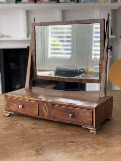 Antique Mahogany Dressing Table Mirror With Inlaid Shell Design And Two Drawers