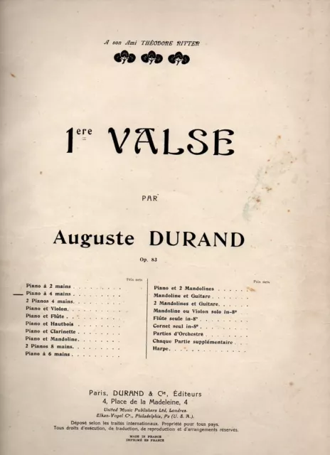 Partition Piano à 4 mains - 1ère valse, d'Auguste DURAND, Op. 83